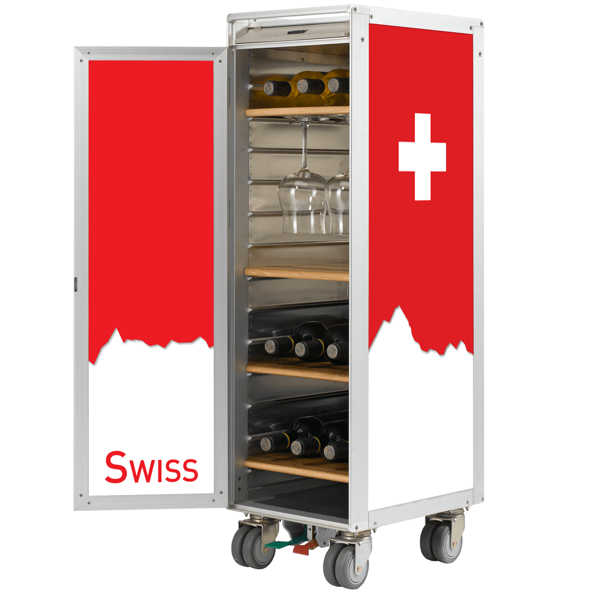 Metallgetränkewagen mit Holzregalen, Weinflaschen und Weingläsern, Tür mit Schweizerkreuz und Schriftzug SWISS