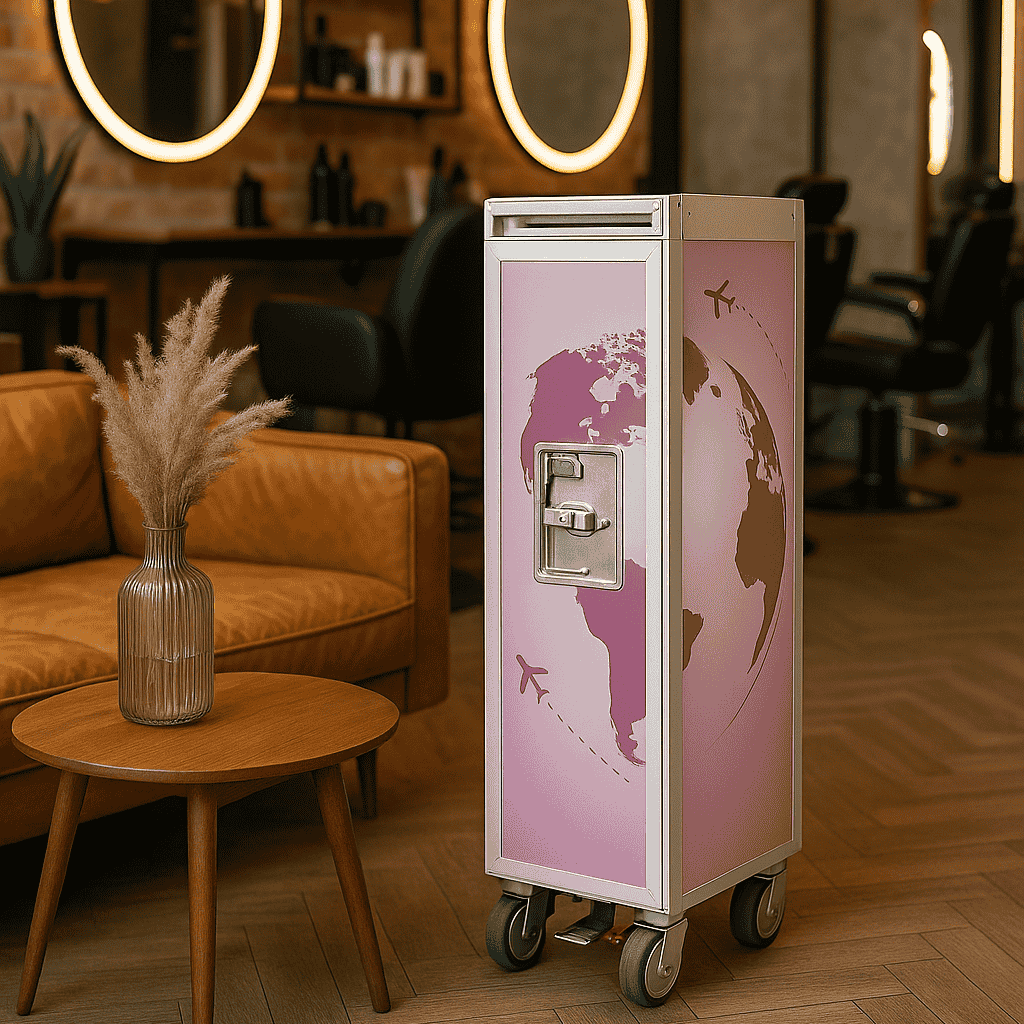 Metallischer Airline-Trolley mit pinkfarbener Weltkarte und Flugzeugsymbolen in einem stilvollen Salon mit Ledercouch.