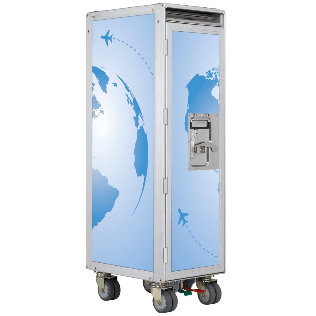 Metalltrolley mit vier Lenkrollen und blauen Weltkarten-Grafiken