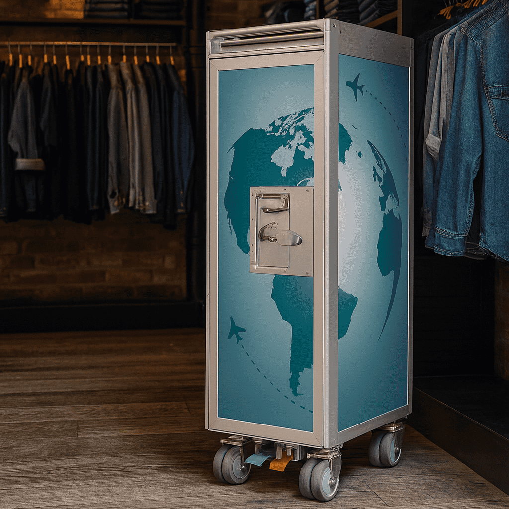 Hoher Metalltrolley mit hellblauem Globe-Design und Flugzeug-Symbol in einem Modegeschäft mit Jeans und Jacken.