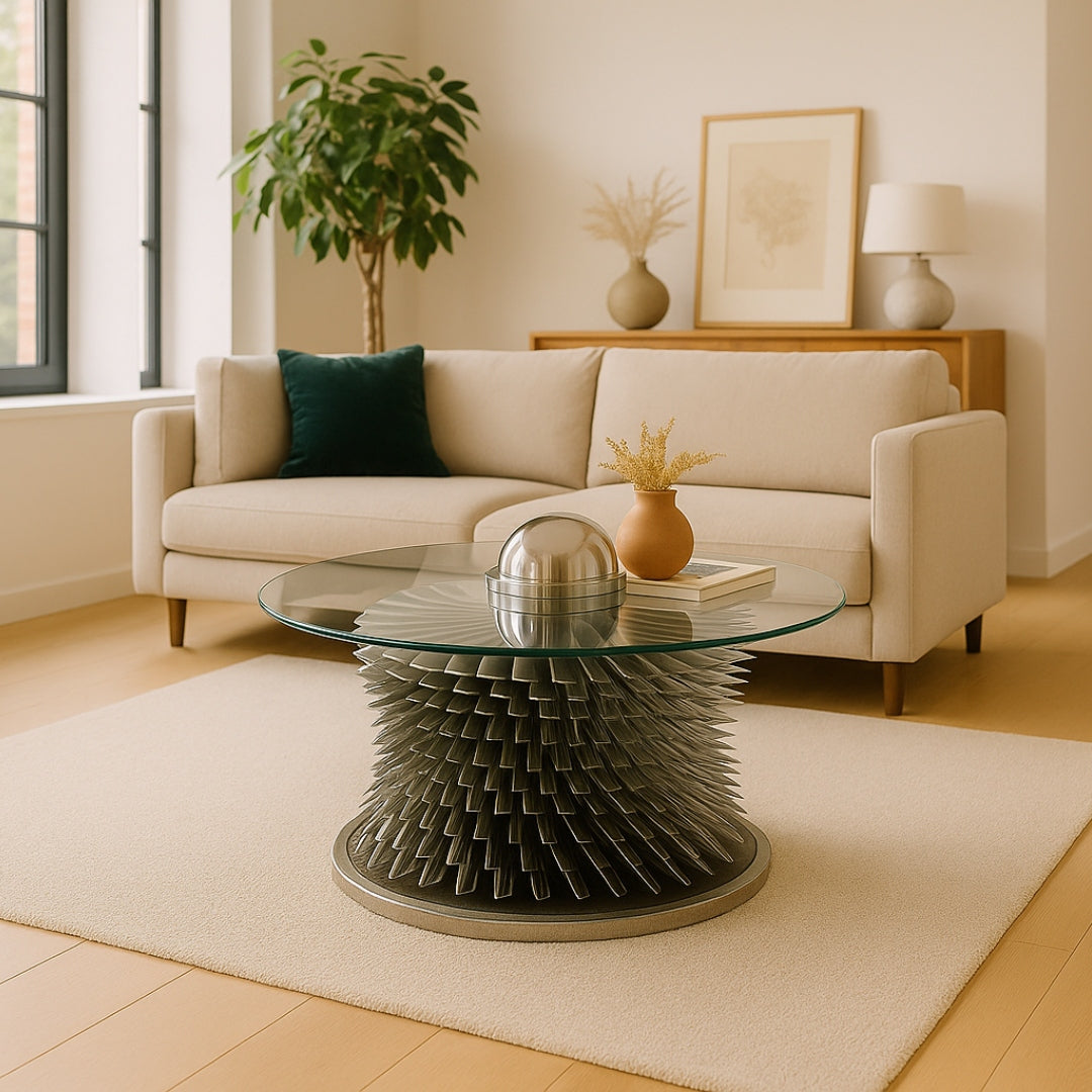 Minimalistisches Wohnzimmer mit beigem Sofa, grünem Kissen und rundem Couchtisch mit Glasoberfläche.