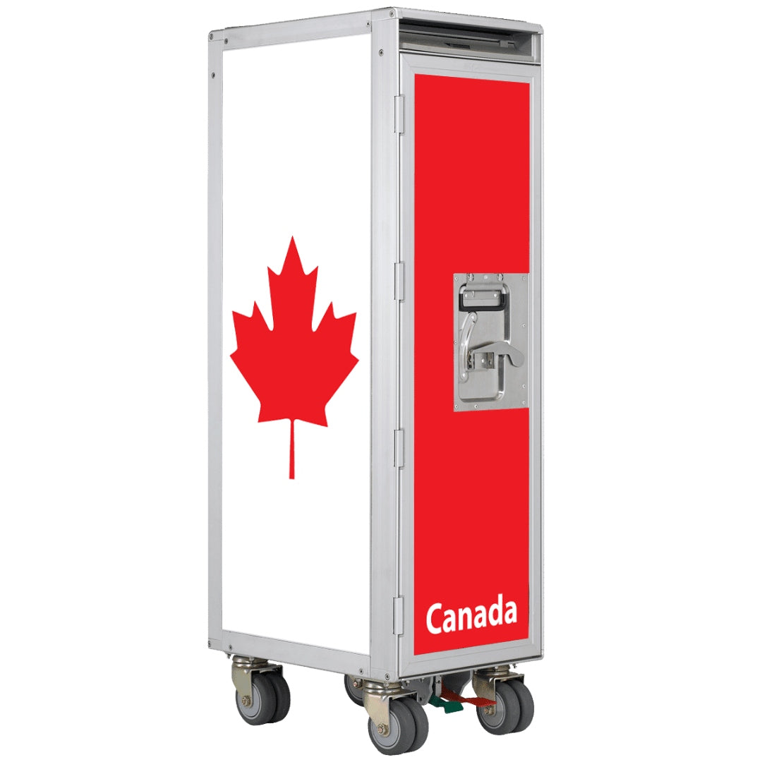 Mobiler Airline-Trolley mit kanadischem Ahornblatt-Logo und rotem Frontpanel