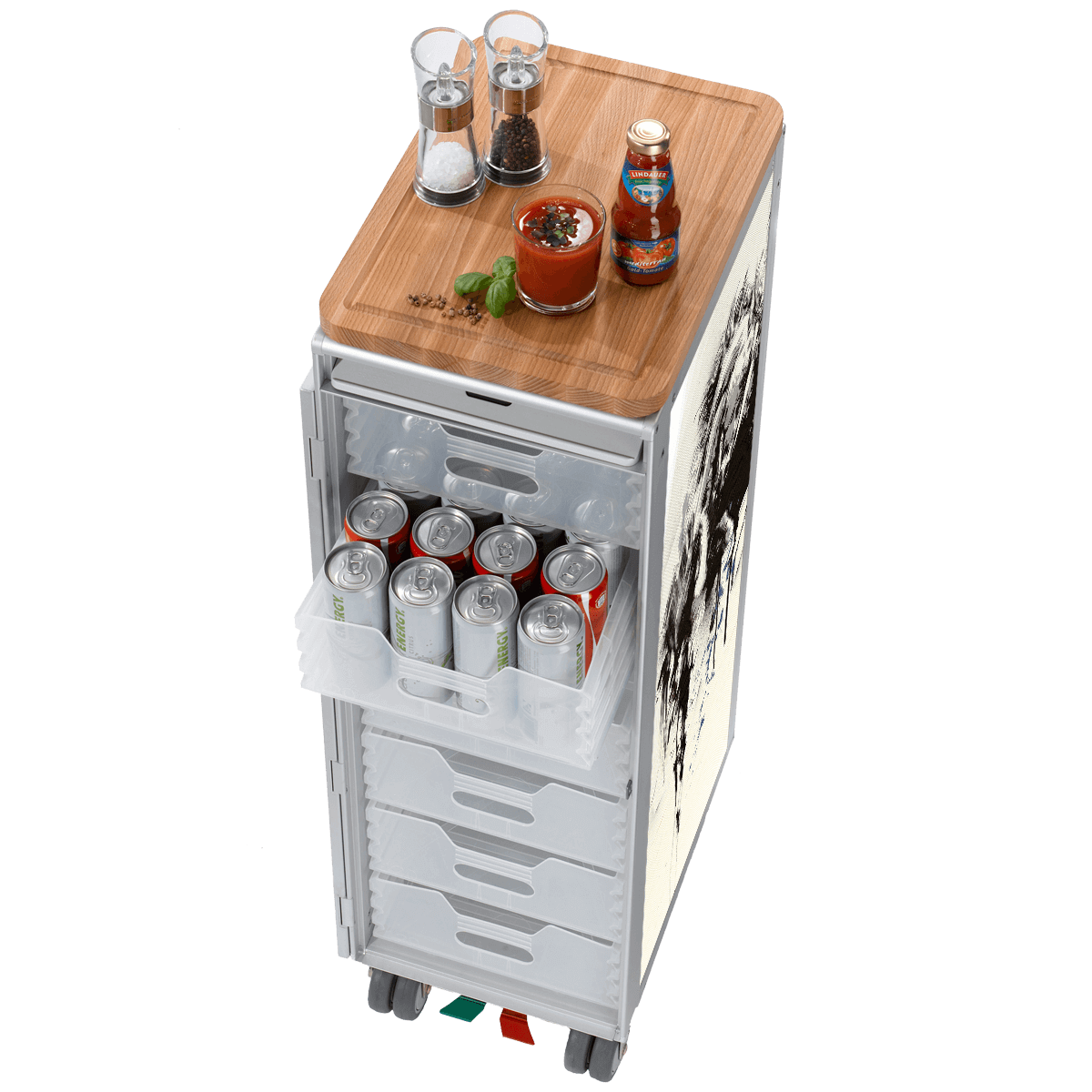 Moderner mobiler Aufbewahrungsschrank mit Holzplatte, Tomatensaft, Gewürzmühlen und transparenten Schubladen.
