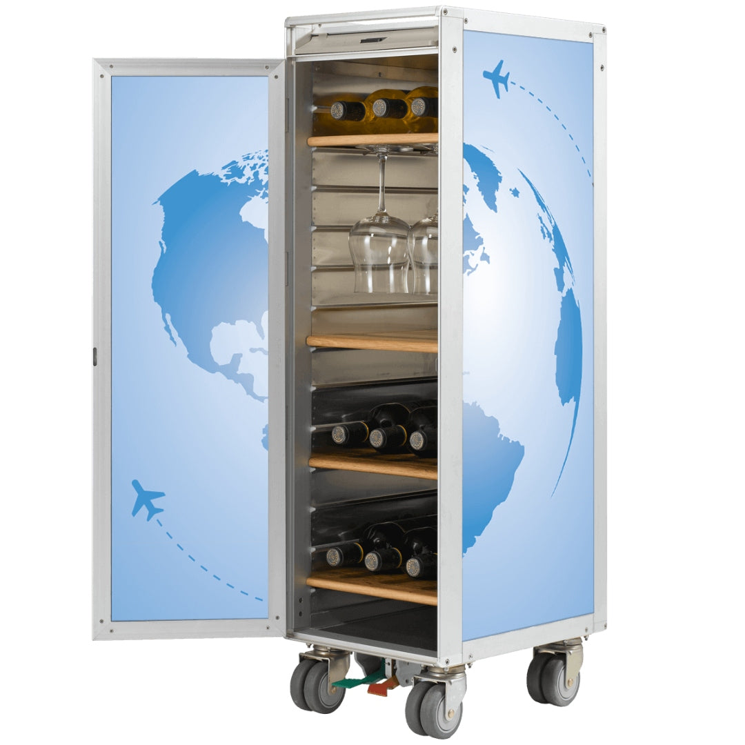 Mobiler Edelstahl-Aufbewahrungswagen mit Holzregalen und blauer Erdkugel-Grafik für Weinflaschen und Gläser.