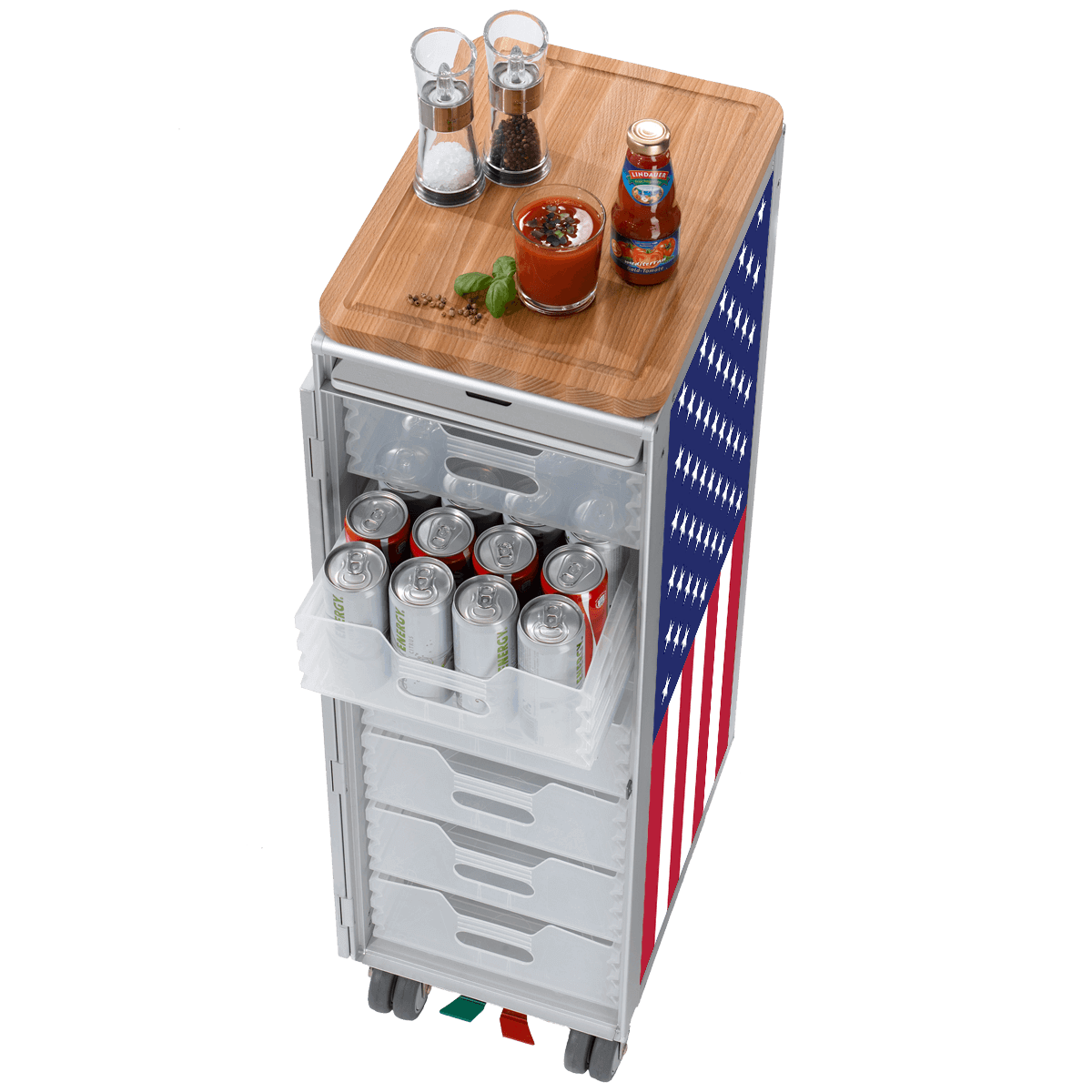 Mobiler Getränkewagen mit US-Flagge, Holztischplatte mit Tomatensaft, Ketchupflasche, Salz- und Pfeffermühlen, transparente Schubladen mit Getränkedosen.