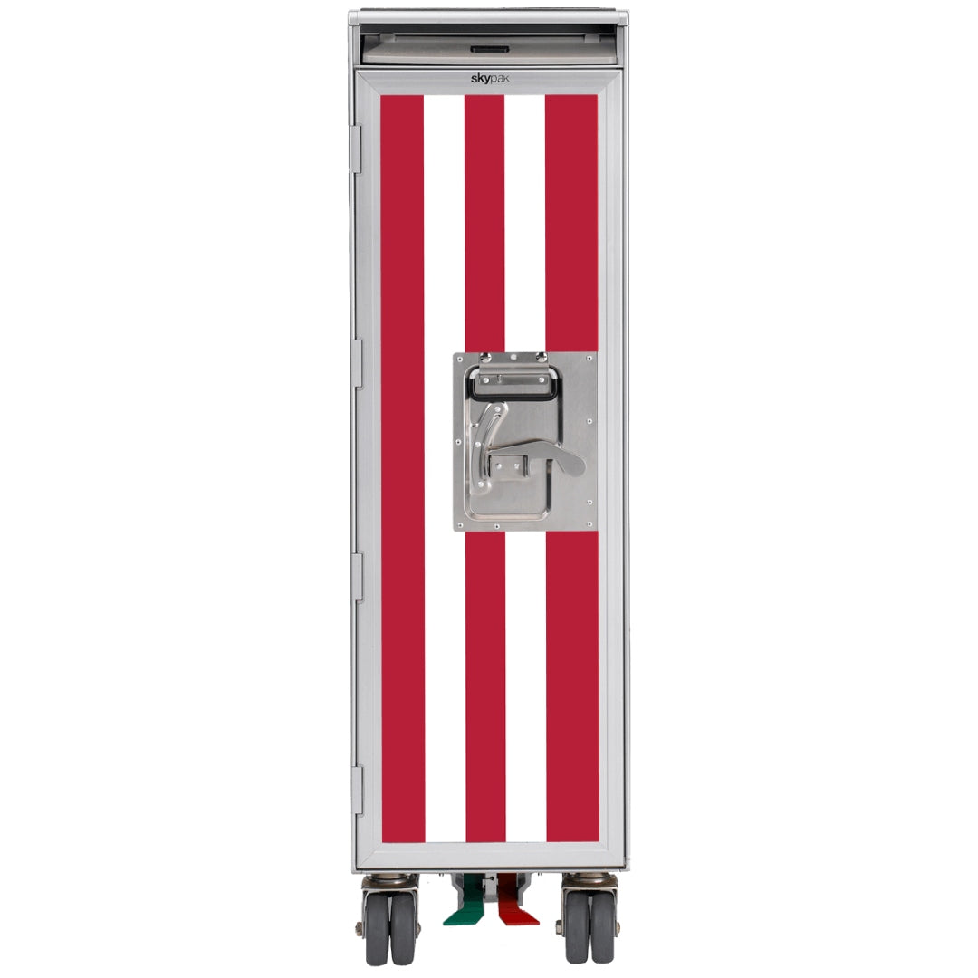 Mobiler Metallcontainer mit roten und weißen Streifen, schwarzem Griffverschluss, vier Rollen und Markenlogo Skypak.