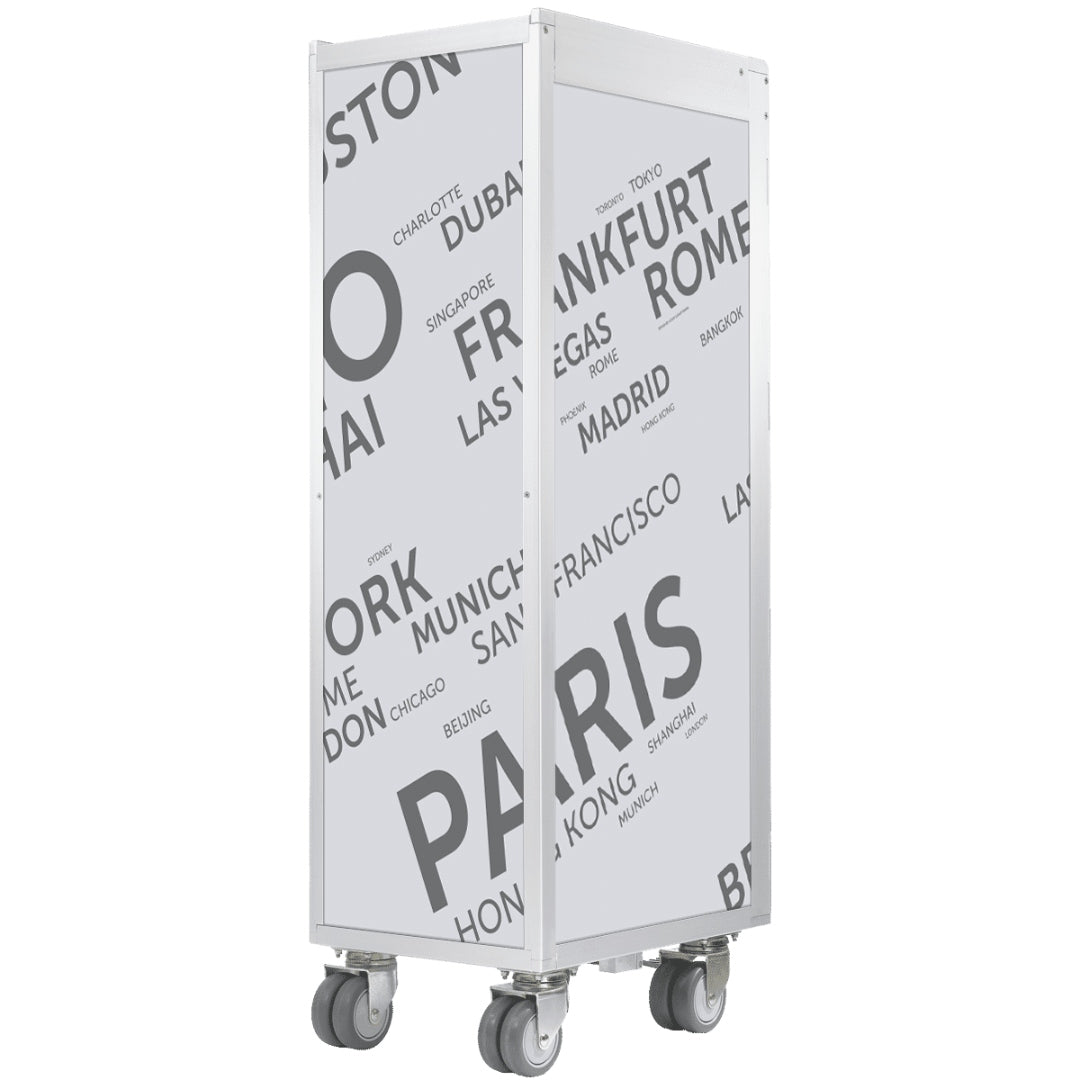 Mobiler Metallaufbewahrungskoffer auf Rollen mit Städtenamen, urbanes Design.