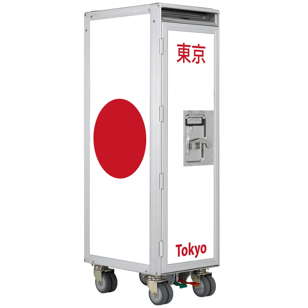 Hochwertiger mobiler Metallschrank mit weiß-rotem Japan-Design und Tokyo-Schriftzug, Designer-Stück von Skypak.