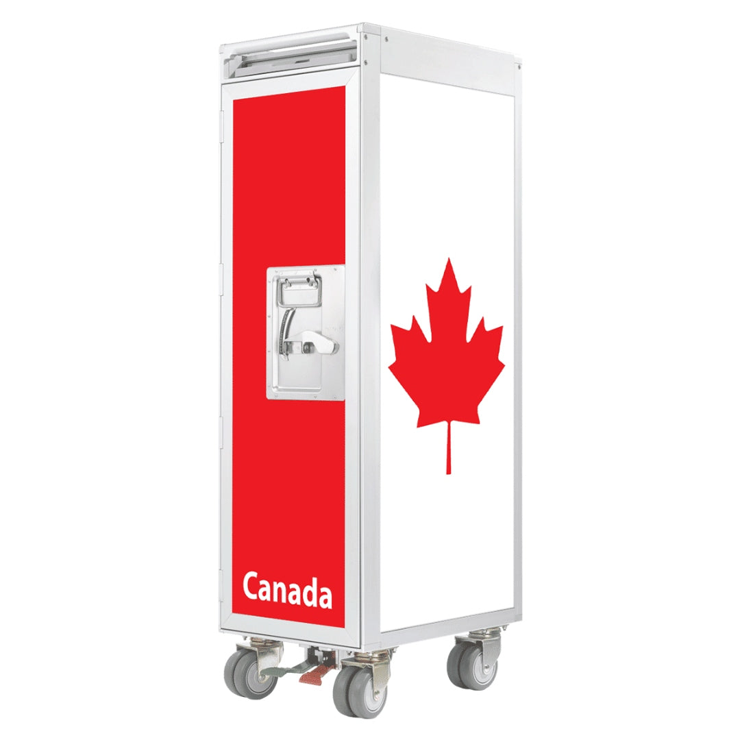 Mobiler Metalltrolley mit kanadischer Flagge, rot-weiß mit Ahornblatt auf Rollen