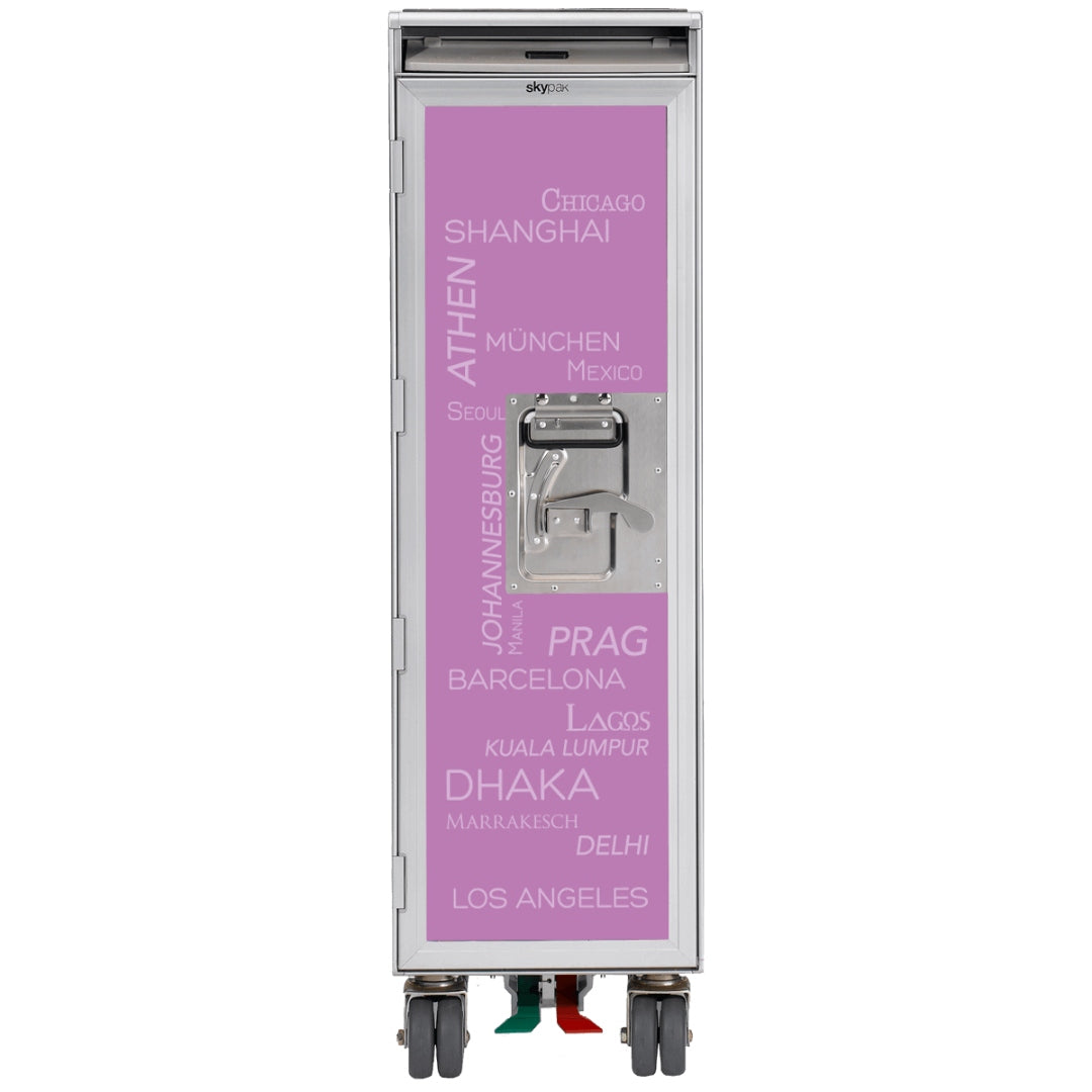 Mobiler Skypak Stahlschrank mit lila Tür und Städtenamen wie Chicago, Shanghai, München und Seoul.