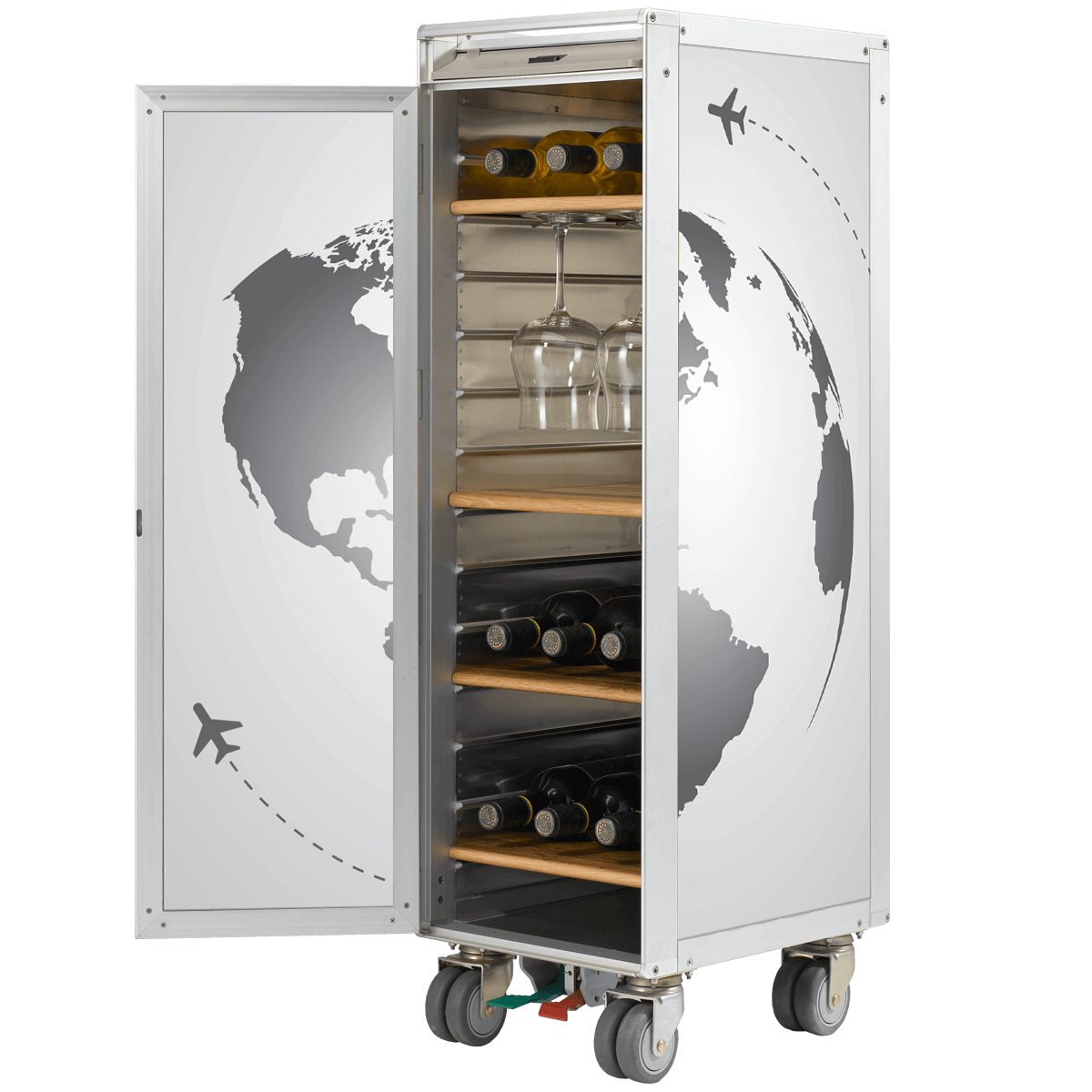 Moderner weißer mobiler Weinkühler mit Holzregalen, Weinflaschen und grauem Weltkarten- und Flugzeugdesign