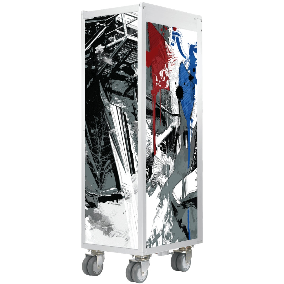 Hoher, rechteckiger mobiler Ständer mit Zeichnungen und bunten Farbmustern