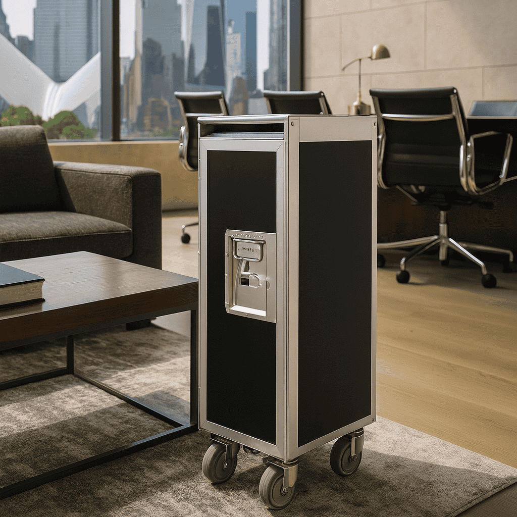 Moderner Büro-Loungebereich mit braunem Stoffsofa, Holzcouchtisch und rechteckigem Metallwagen vor Stadtblick.