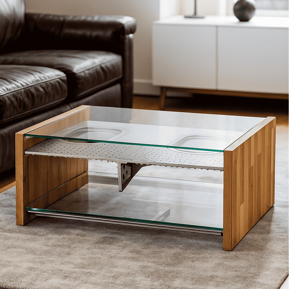 Moderner Couchtisch mit Holzseiten, Glasscheiben und Metallfach in stilvollem Wohnzimmer.