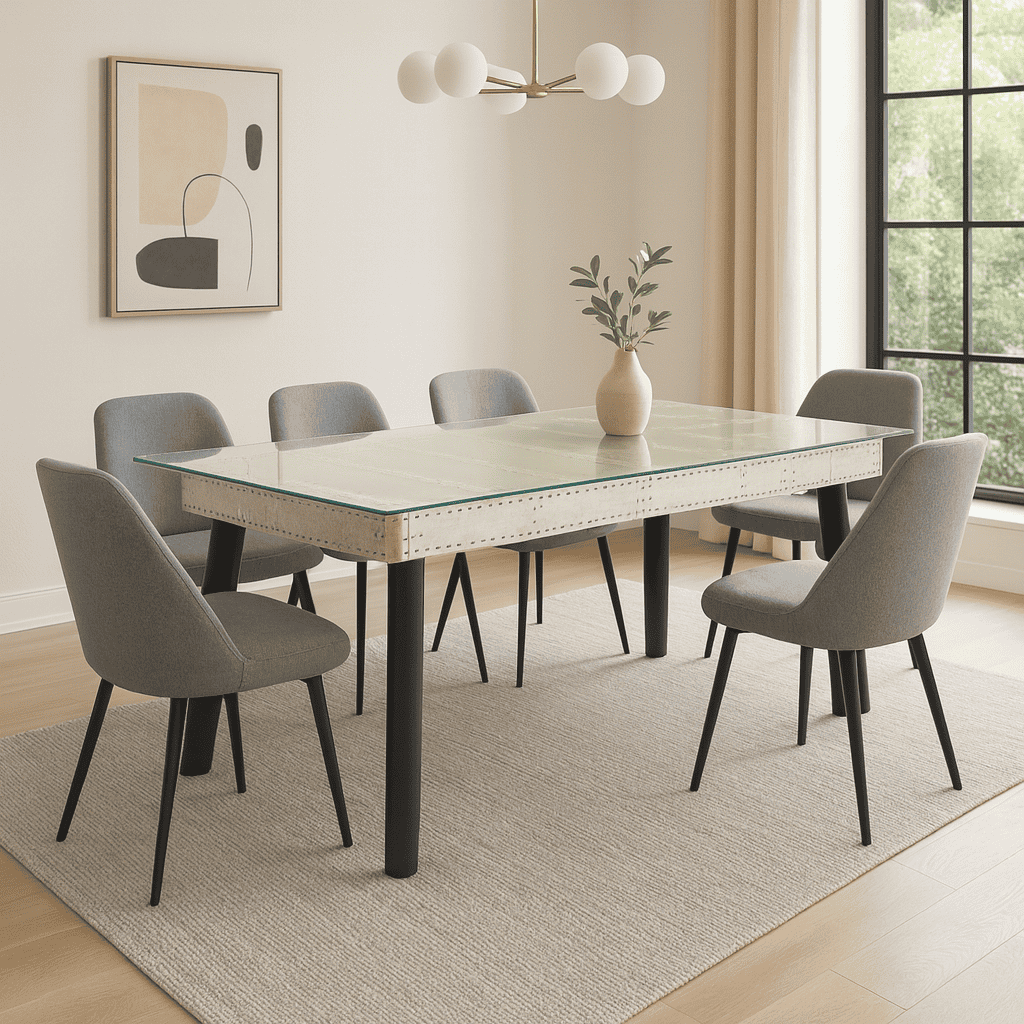 Moderner Essbereich mit rechteckigem Esstisch aus hellem Material, sechs grauen Stoffstühlen, Vase und abstraktem Wandbild.