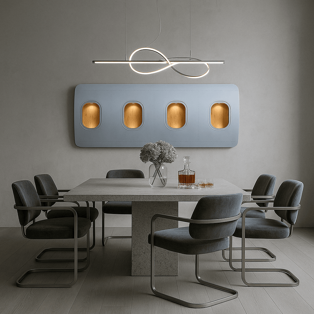 Moderner Essbereich mit Esstisch und sechs dunkelgrauen Stühlen, hängender Pendelleuchte und beleuchtetem Wandpaneel.