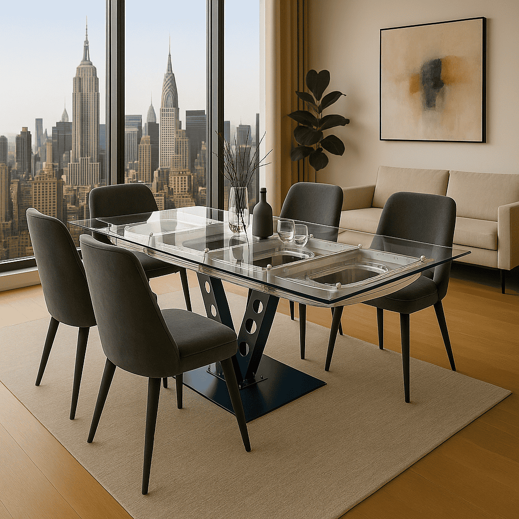 Moderner Essbereich mit Glastisch auf schwarzem Metallgestell, grauen Stühlen und beigem Sofa vor großen Fenstern.