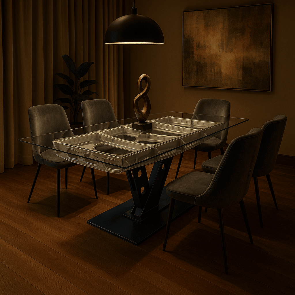 Moderner Essbereich mit Glastisch, gepolsterten Stühlen, Bronzeskulptur, Kuppel-Pendelleuchte und grüner Topfpflanze.