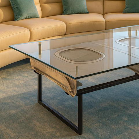 Moderner Glas-Couchtisch mit schwarzem Metallgestell, rundem Design vor beigem Ecksofa mit grünen Kissen auf blauem Teppichboden.