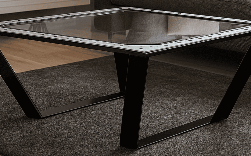 Moderner rechteckiger Glastisch mit Metallrahmen und schwarzen Beinen auf dunklem Teppich im Wohnzimmer.