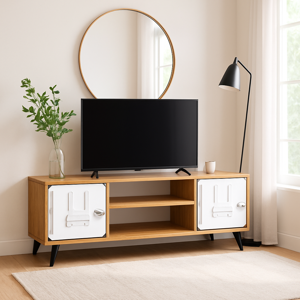 Moderner Holzfernsehschrank mit weißen Türen, schwarzen Beinen, Flachbildfernseher und rundem Holzspiegel.