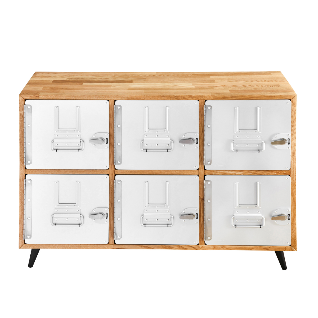 Moderner Holzschrank mit sechs durchlässigen Metalltüren, zwei Reihen, drei Spalten, auf schwarzen Beinen.