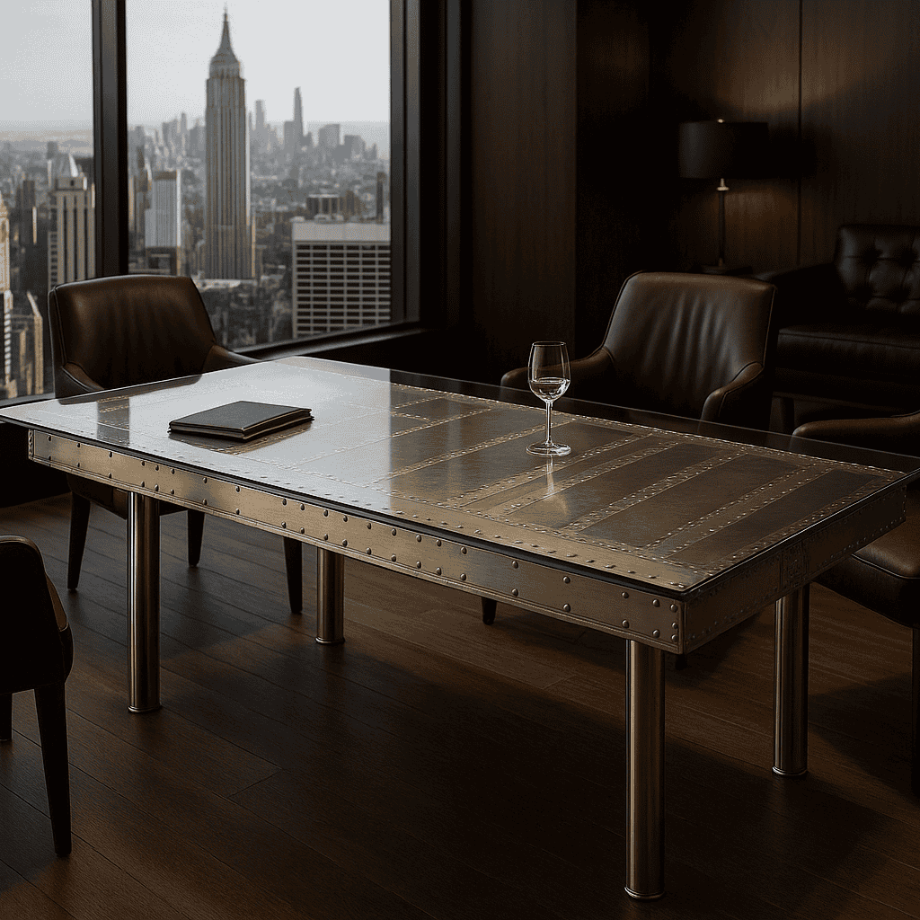 Moderner Konferenzraum mit Metalltisch aus Flugzeugteilen, Lederstühlen und Blick auf das Empire State Building.