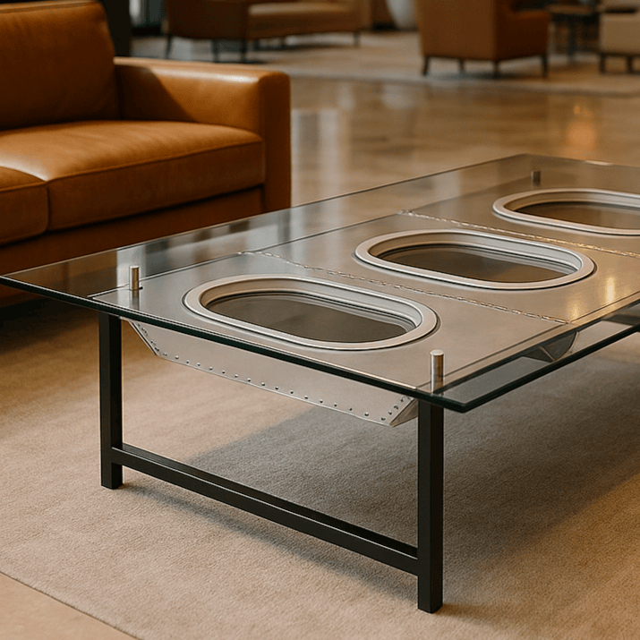 Moderner Loungebereich mit Glastisch, Metallgestell, braunem Ledersofa und neutralem Teppich.