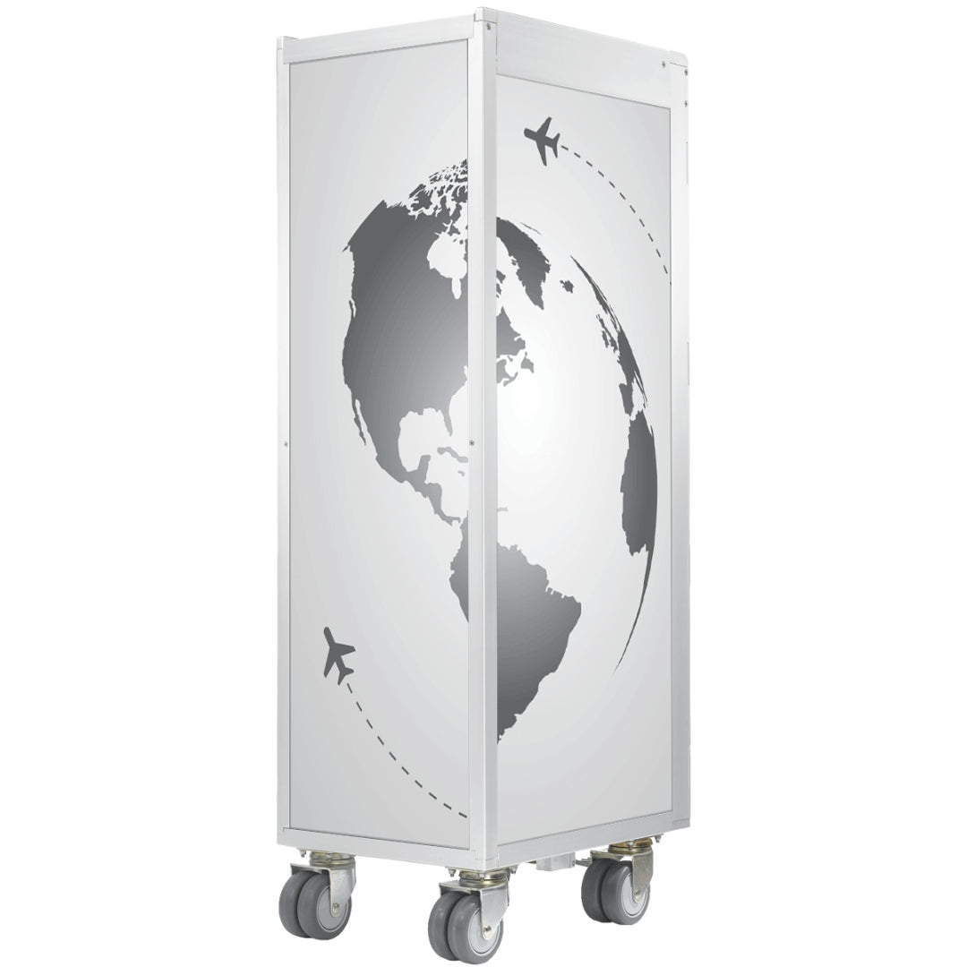 Moderner Metalltrolley mit vier Rollen und Weltkarten-Grafik mit Flugzeugsymbolen in Grau-Weiß.