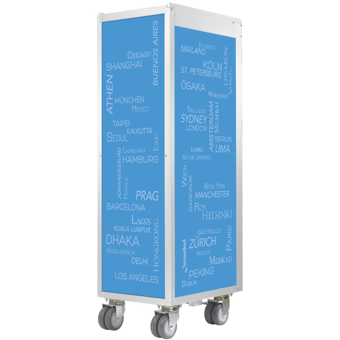 Moderner mobiler Displaysäule mit blauen Paneelen und weißen Stadtnamen, urbanes Design