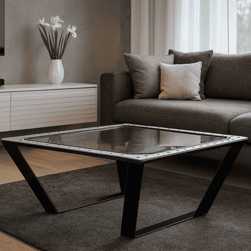 Moderner quadratischer Couchtisch mit Glastischplatte und schwarzem Rahmen auf dunklem Teppich.