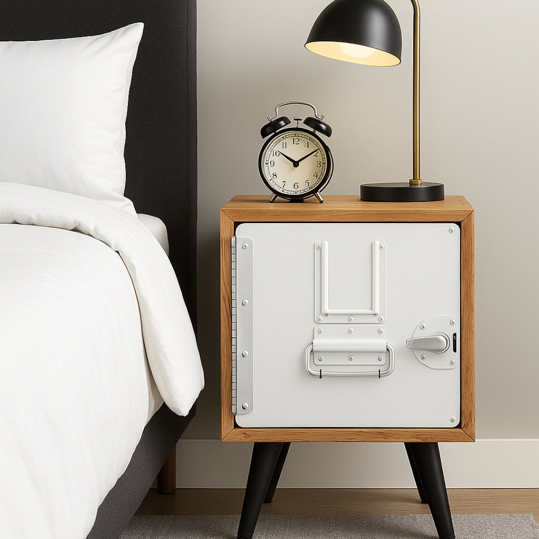 Moderner Schlafbereich mit Nachttisch, Wecker und Stehlampe