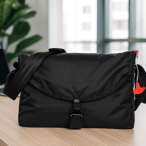 Moderner schwarzer Messenger-Bag mit rotem Reißverschluss auf hellem Holztisch.