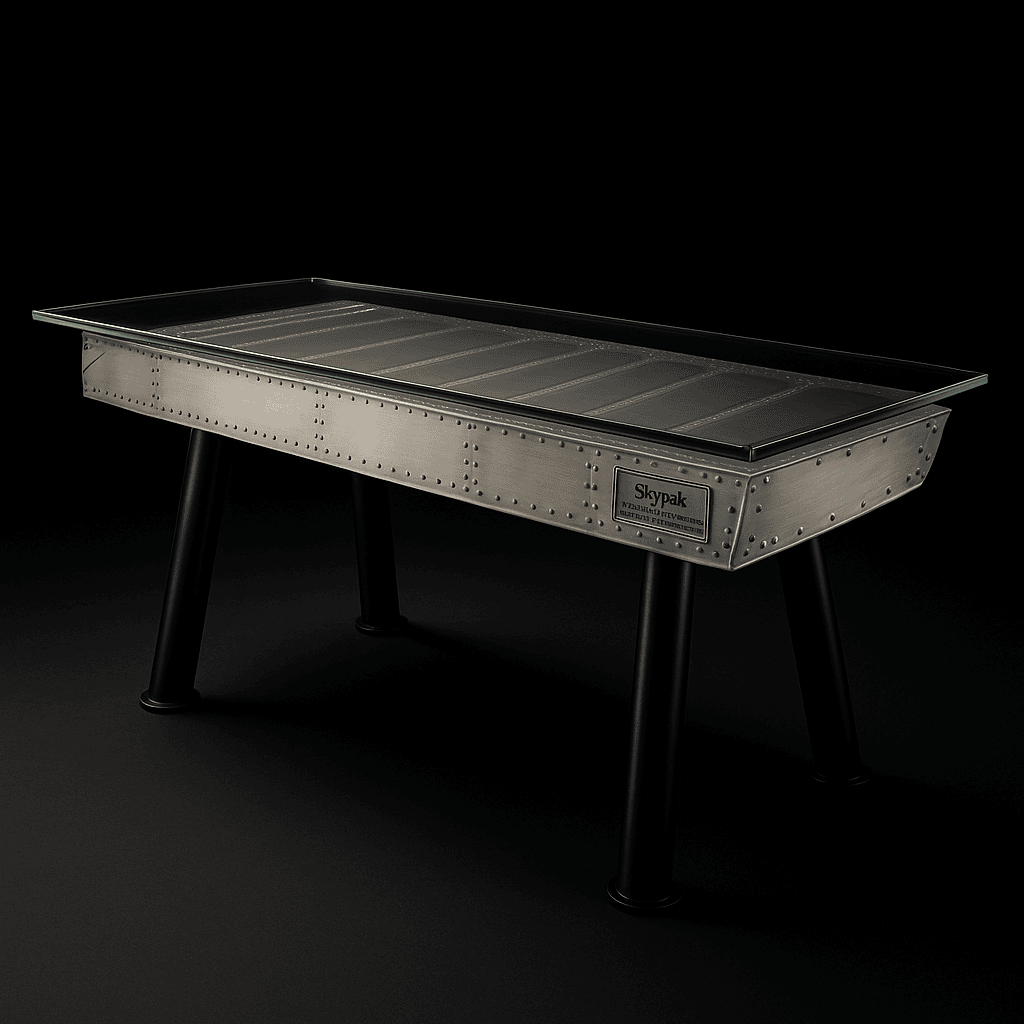 Moderner Skypak Designer-Tisch mit klarem Glastisch und genietetem Stahlrahmen auf schwarzen Beinen