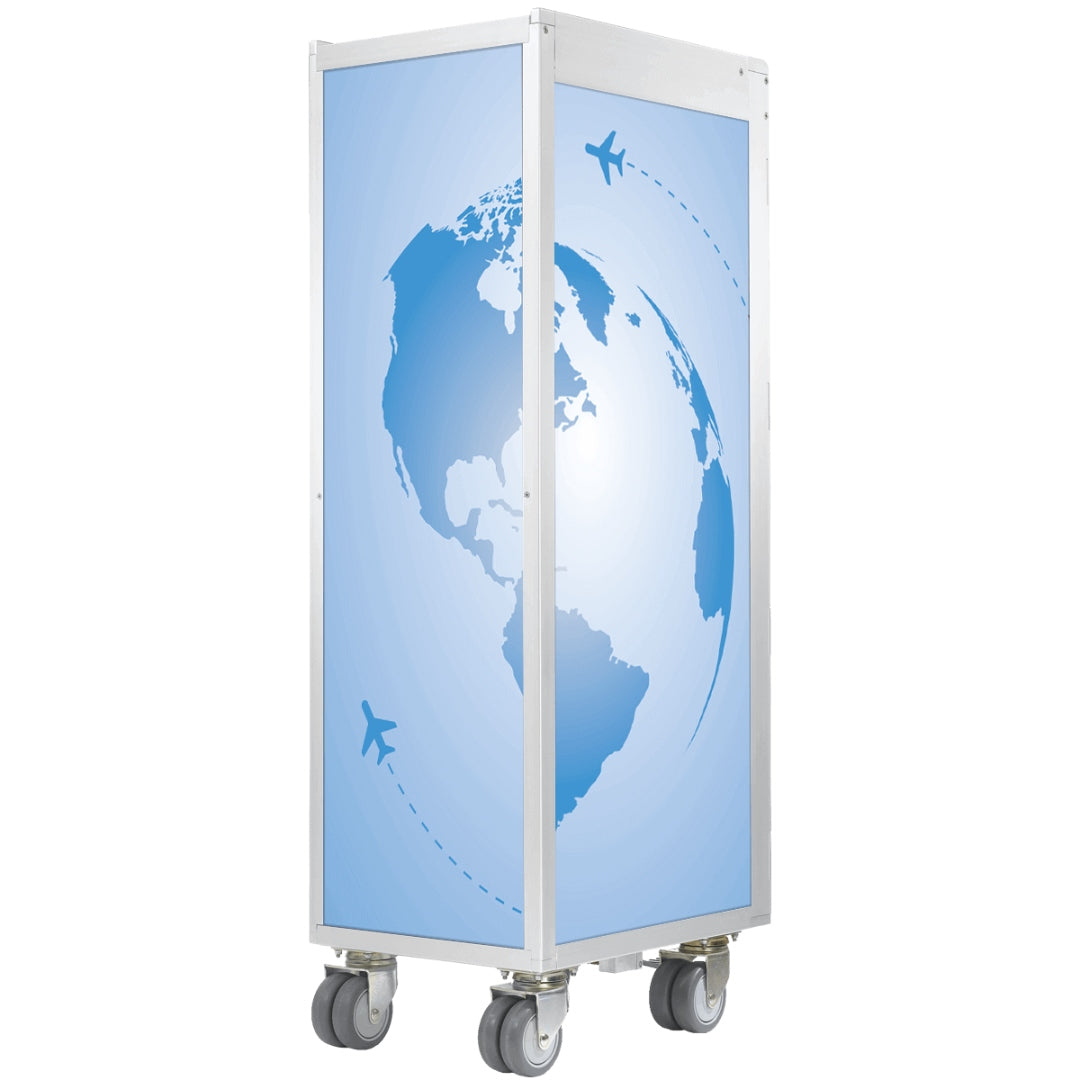 Moderner Transportwagen mit Metallrahmen, grauen Rollen, blauer Globusgrafik und Flugzeugsymbolen