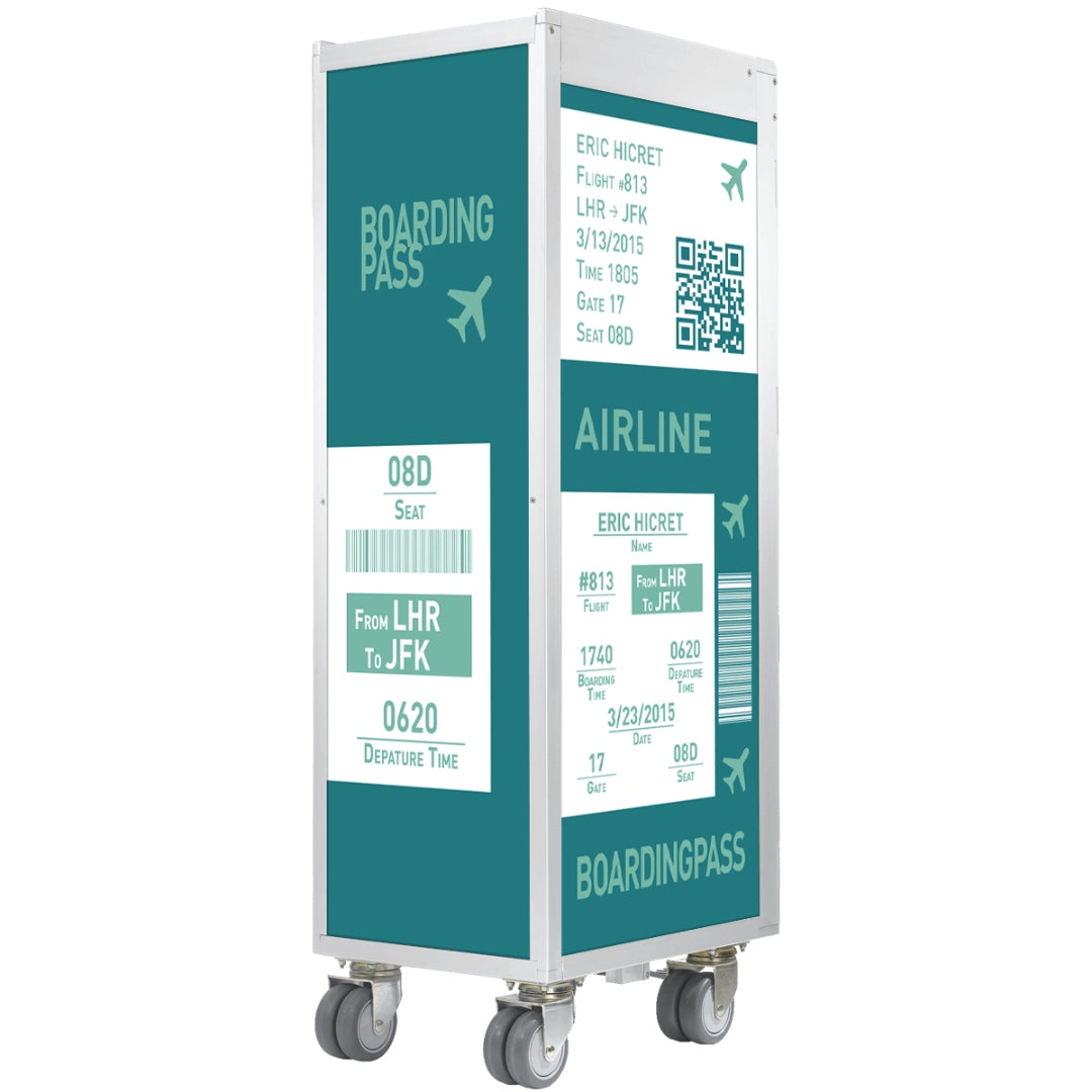 Moderner, rechteckiger Trolley mit türkis-weißer Boardingpass-Grafik, Flugdetails und QR-Code
