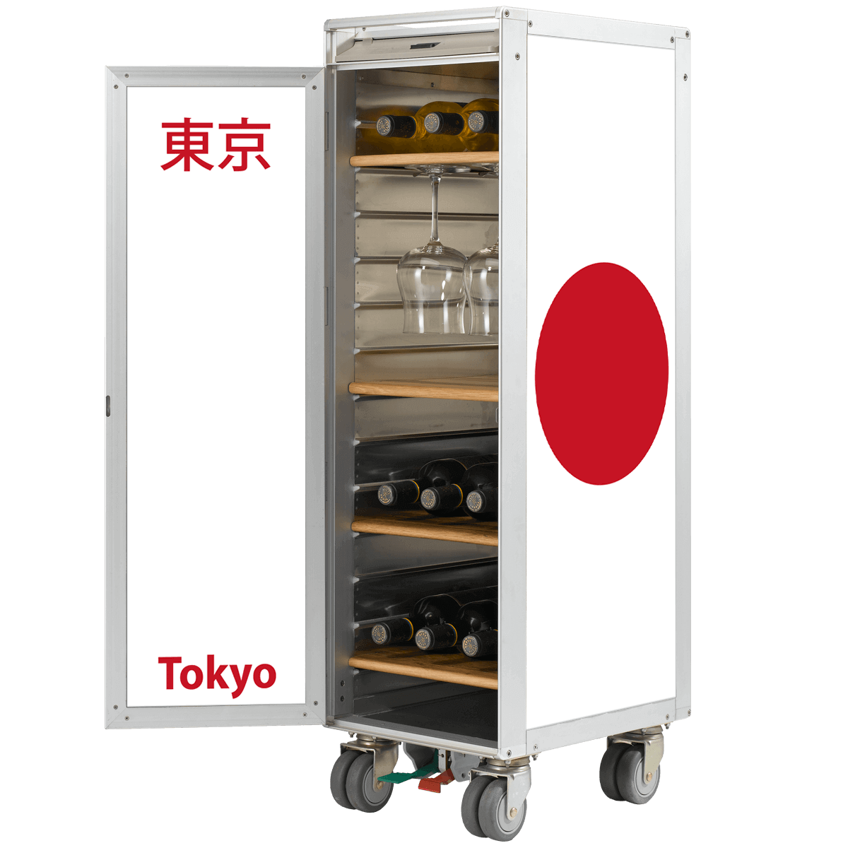 Moderner weißer Getränketrolley mit Rollen, vier Holzböden, Weinflaschen und Gläsern, japanische Akzente