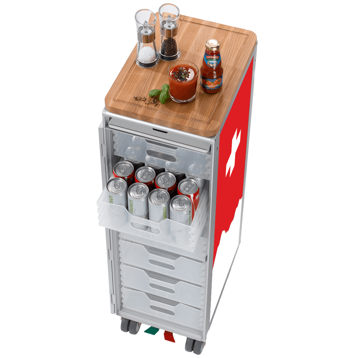 Moderner weißer Trolley mit transparenten Schubladen, Holzbrett, Salz- und Pfeffermühlen, rotem Drink und Schweizer Kreuz.
