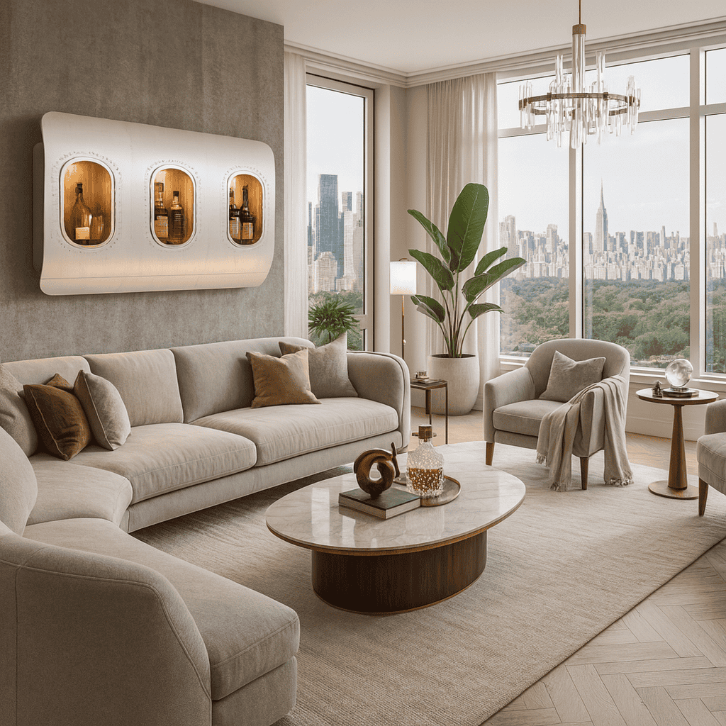 Moderner Wohnbereich mit beigefarbenem Ecksofa, zwei Sesseln, ovalem Marmortisch und großer Fensterfront mit Stadtblick.