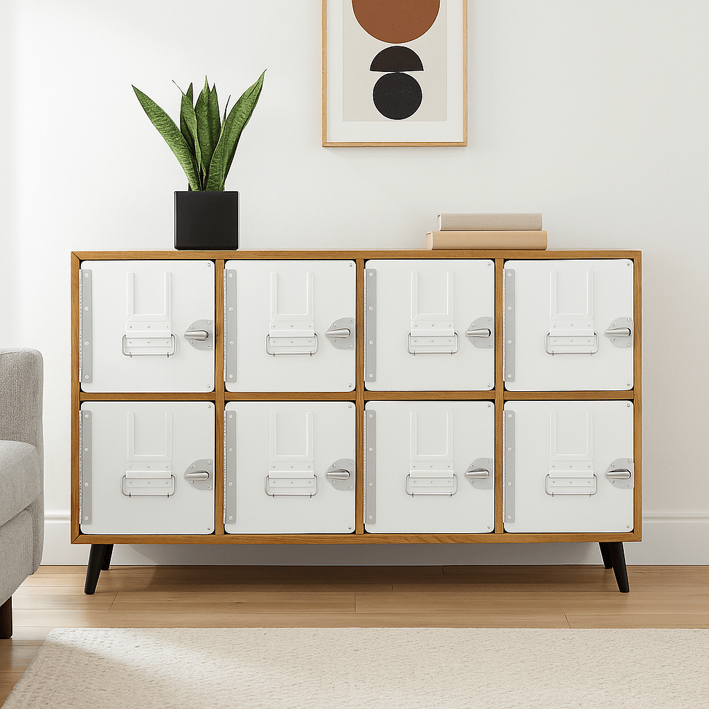 Moderner Wohnbereich mit Holzschrank, weißen Metalltüren, schwarzer Schlangenpflanze, zwei beigen Büchern und grauem Sofa.