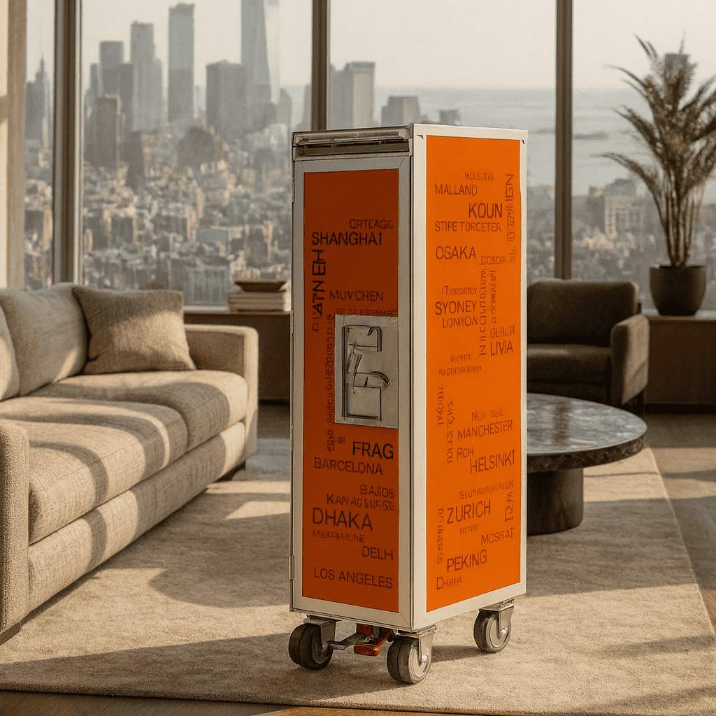 Moderner Wohnraum mit großem Fenster und Stadtblick. Zentral steht ein oranger Airline-Trolley mit Städtenamen und Metallarmatur auf Rädern. Links eine beige Couch, rechts ein Marmortisch mit beigem Sessel und Pflanze.