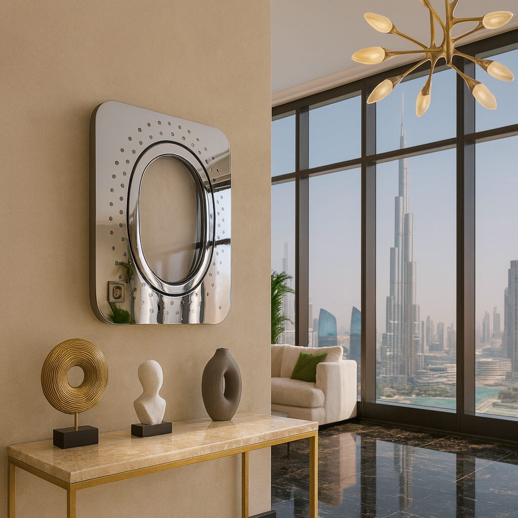 Moderner Wohnbereich mit beiger Wand, ovalem Spiegel, Marmorkonsolentisch, beigem Sessel und Blick auf Burj Khalifa