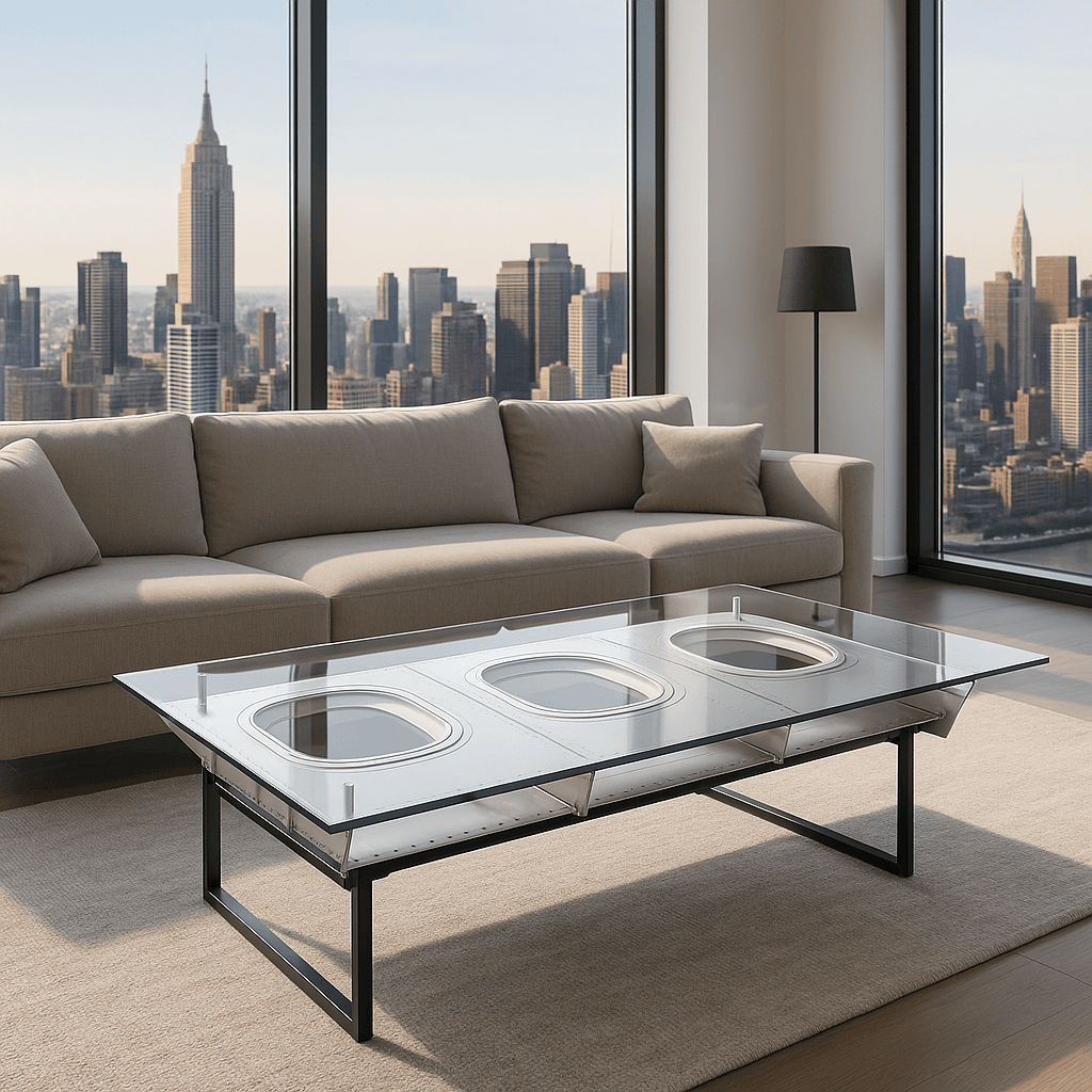 Moderner Wohnraum mit beigem Ecksofa, Glastisch und Fenstern mit Blick auf die Skyline von New York