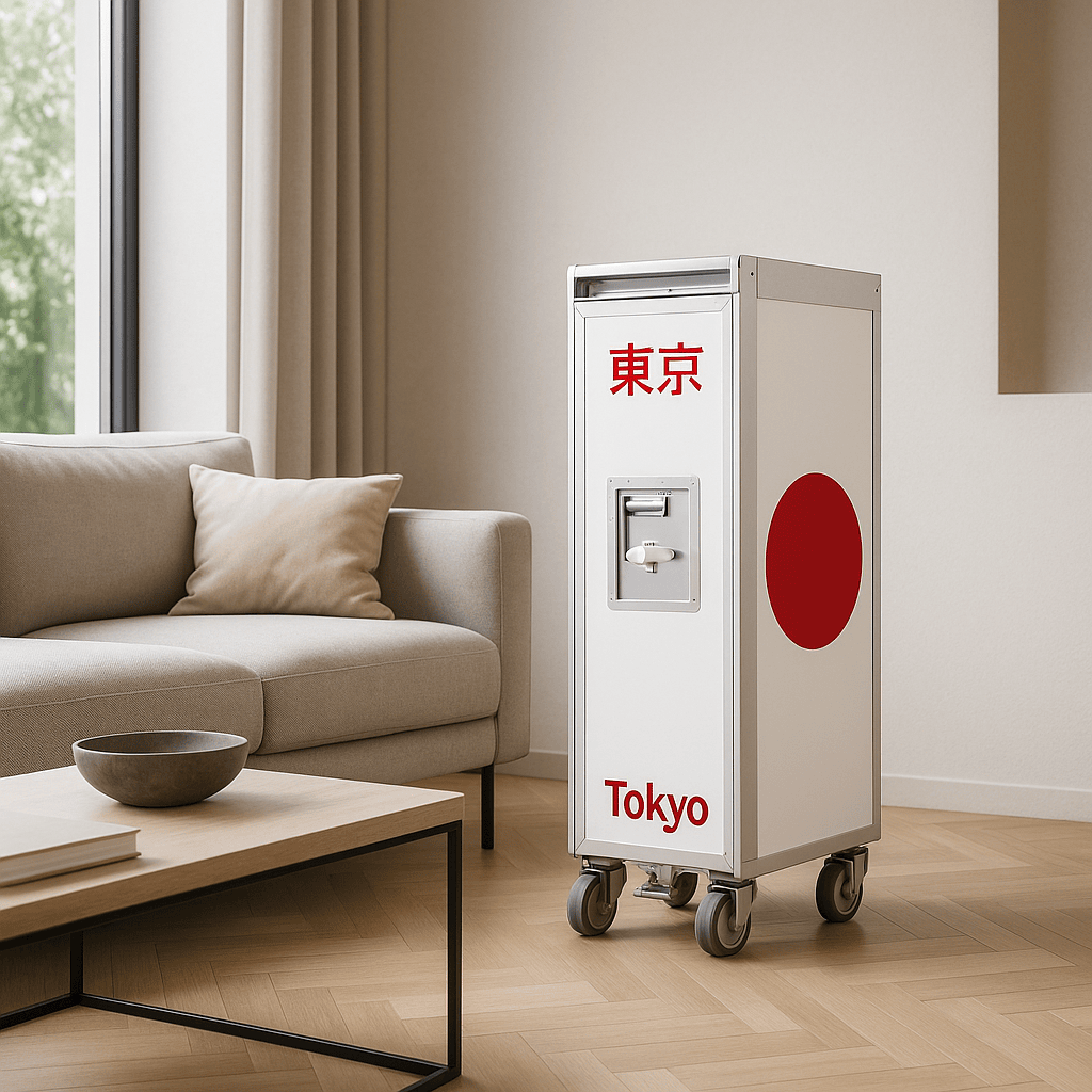 Moderner Wohnraum mit beigem Sofa und Japan-Design-Airline-Trolley mit rotem Kreis und Tokyo-Schriftzug