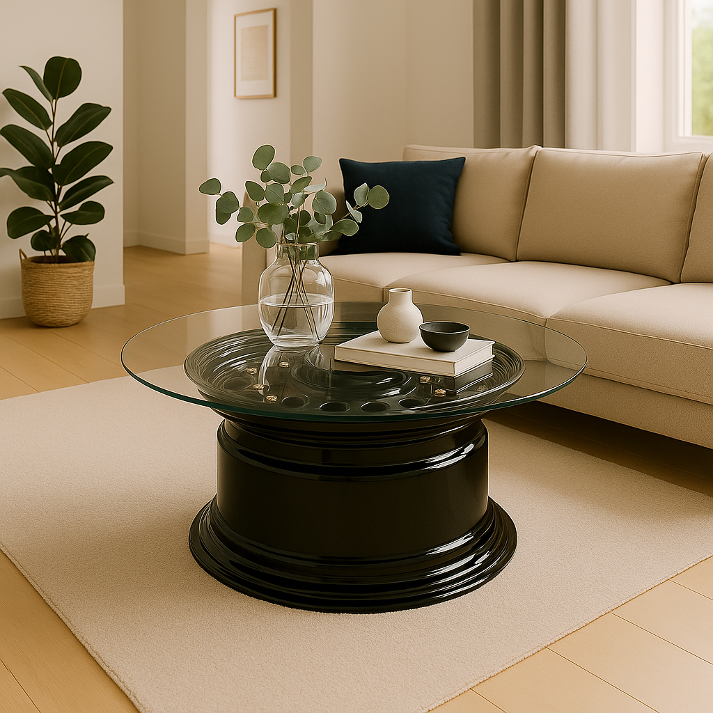 Moderner Wohnraum mit runder Glaskaffeetafel auf hellem beigem Teppich, beigem Ecksofa und Grünpflanze.