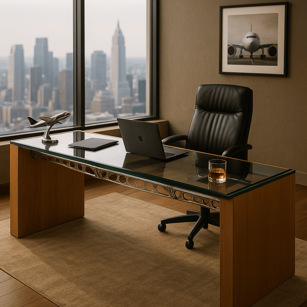 Modernes Büro mit Glastisch, Ledersessel, Apple Laptop, Modellflugzeug und Stadtblick