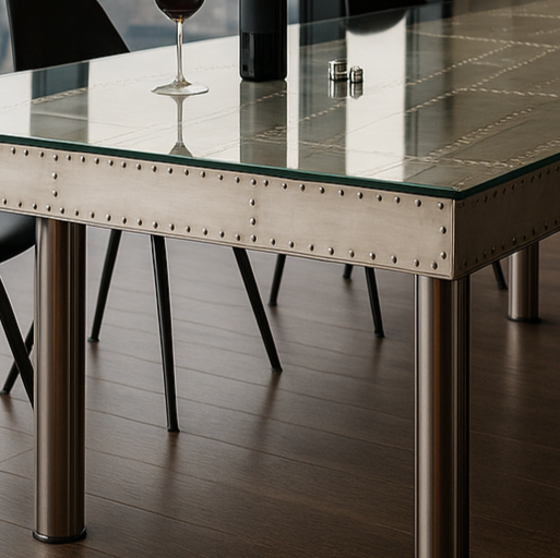 Modernes Esszimmer mit skypak Glastisch, schwarzen Metallstühlen, Rotweinglas und Salz-Pfefferstreuern auf Holzboden.