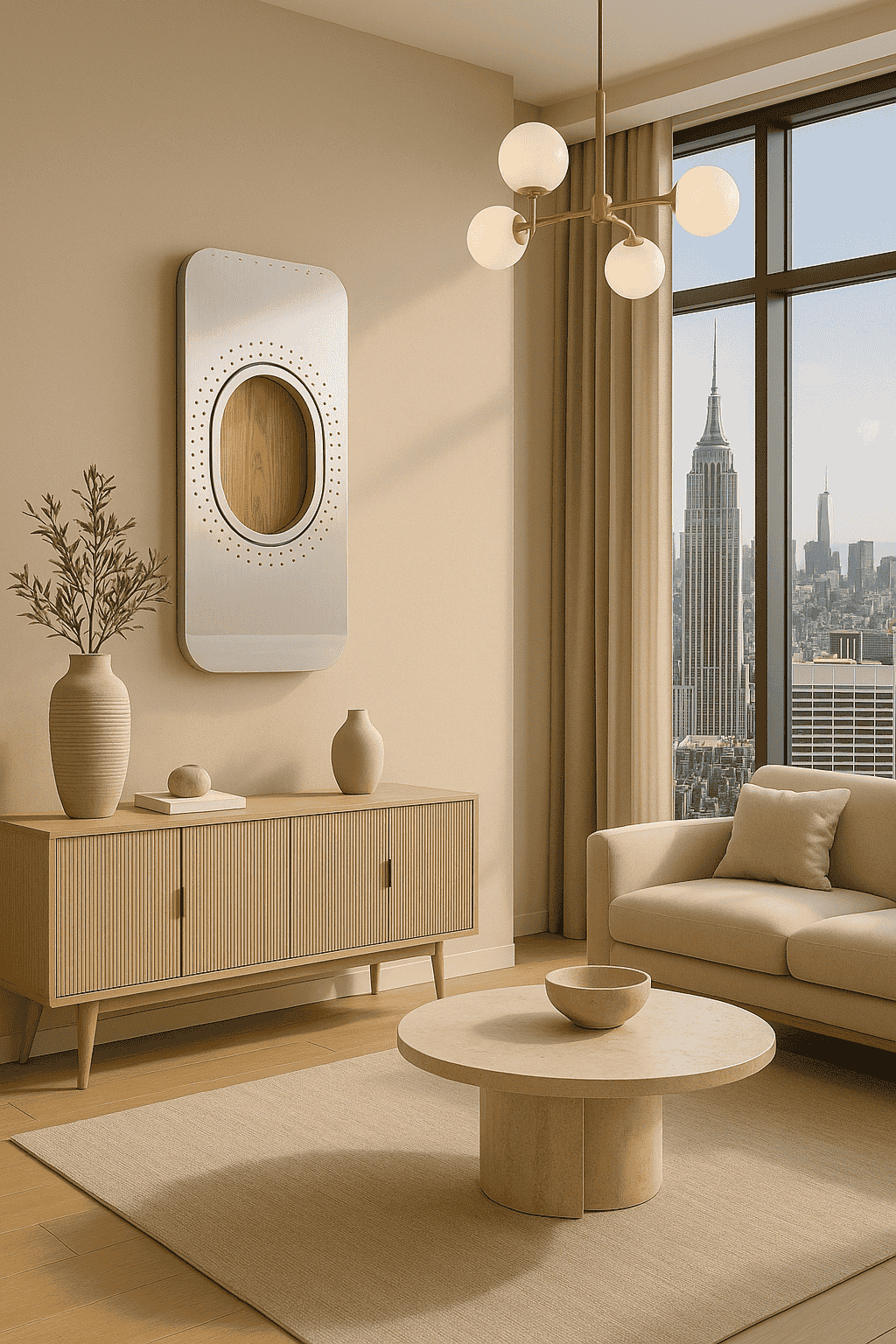 Modernes Wohnzimmer mit beigem Sofa, rundem Couchtisch, Holzsideboard und Blick auf das Empire State Building