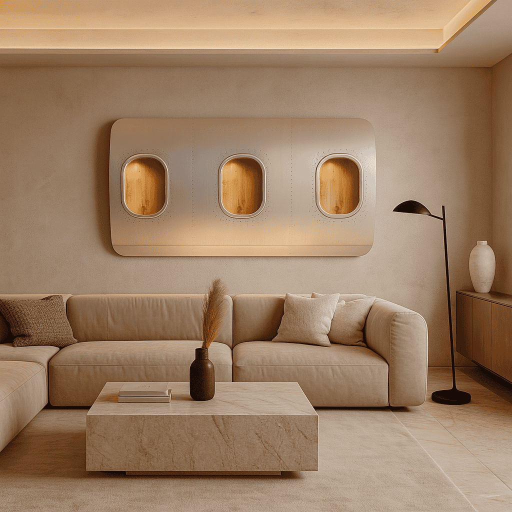 Modernes Wohnzimmer mit beigem Ecksofa, Marmor-Couchtisch und dekorativer Wand mit beleuchteten Flugzeugfenstern.