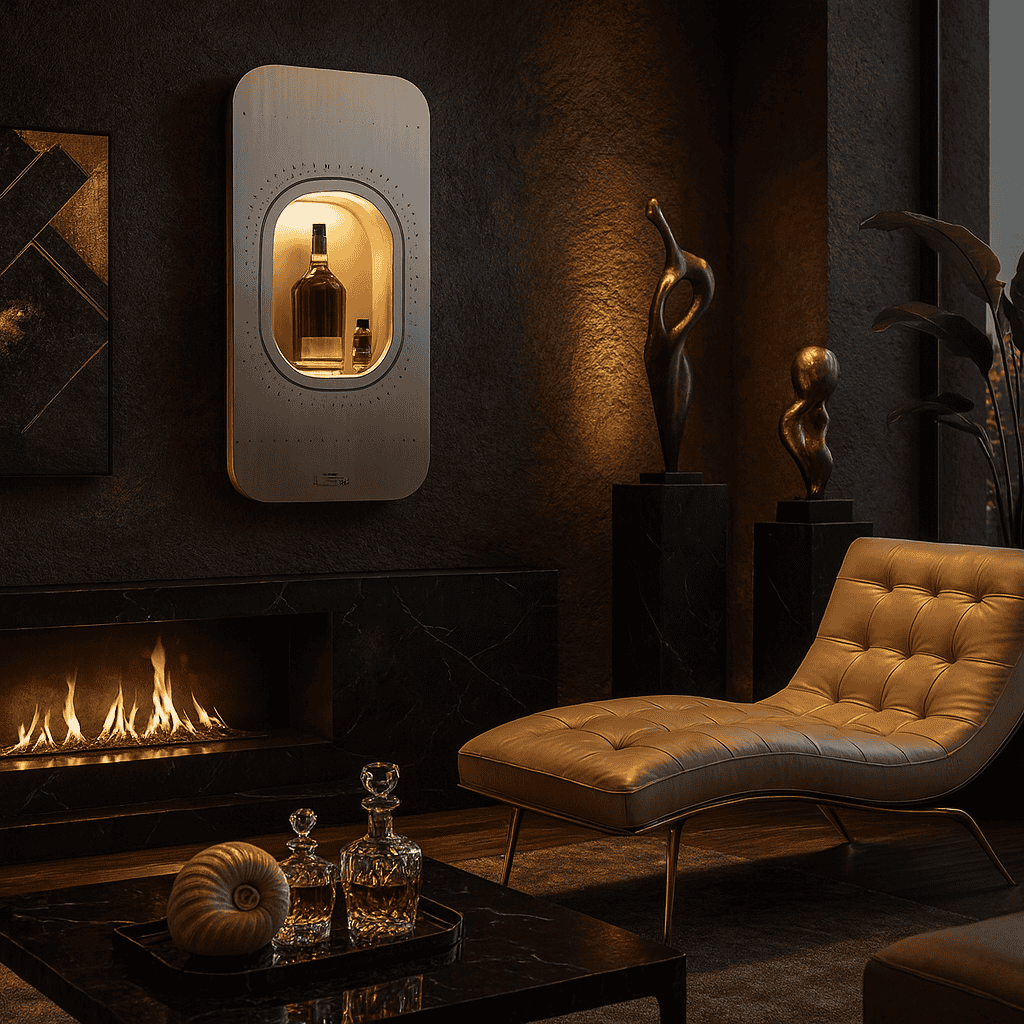 Modernes Wohnzimmer mit brauner Ledersessel, schwarzem Marmorkamin und beleuchtetem Flugzeugfenster-Display.